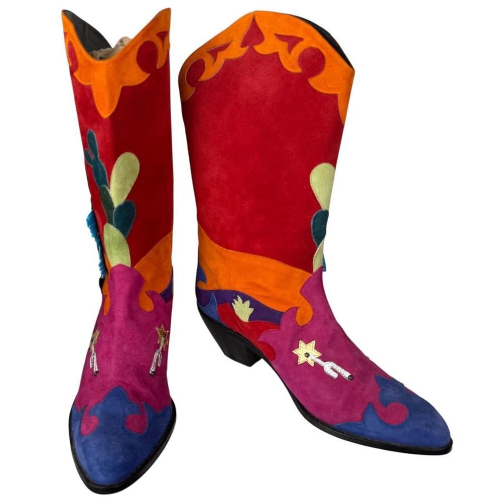 Unique Vintage Zalo Spain Multicolored Suede Cowboy Boots 8M - Picture 3 of 7